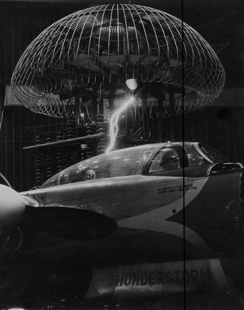 natgeofound:A demonstration shows how a metal aircraft sheds lightning, 1950. Photograph by U.S. Air