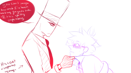 paperhatisintheway:  “ I hate this paper bag of yours. “I like to think that Black Hat can show some affection but in a very dominant way.