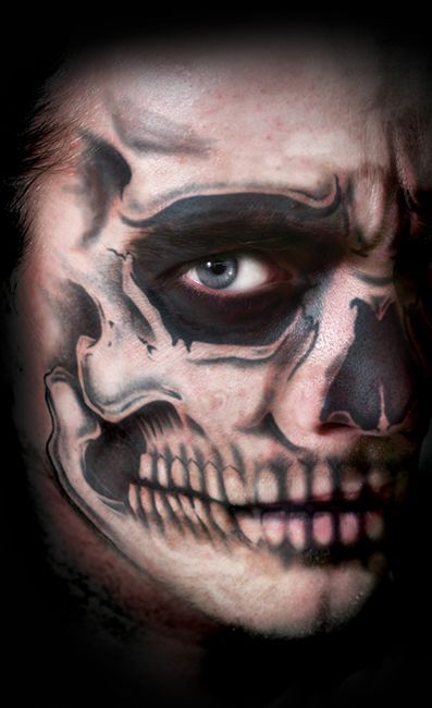 Temporary Face Tattoo - Skull Tattoo. This temporary skull face tattoo includes highly detailed skull face includes six separate tattoo components to fit the different areas of the face. Temporary tattoos are great to see what a tattoo would look like