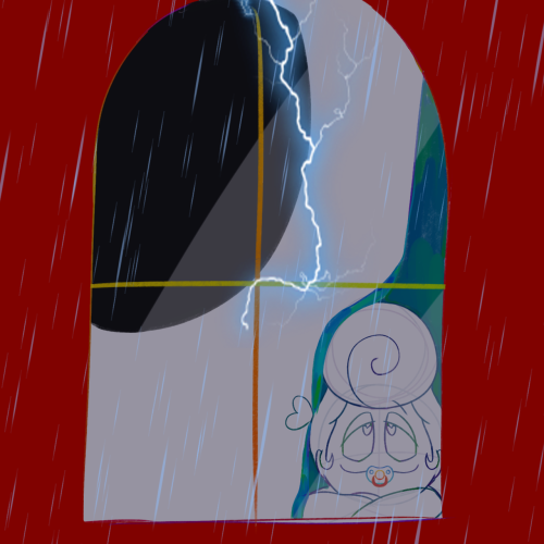 Wally regressed with Home taking caring him. Home tosses a curtain over Wally to act as a blanket while the two watch a heavy storm pass by, lightning striking and thunder roaring