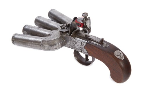 ltwilliammowett:A single, silver mounted, flintlock duck foot pistol, by Spencer, London, 19th centu