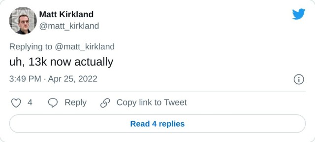 On April 25 Matt Kirkland tweeted "uh, 13k now actually"