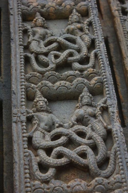 arjuna-vallabha:Nagas at temple wall,   Billeshwara temple, Hangal Fort, Karnataka  