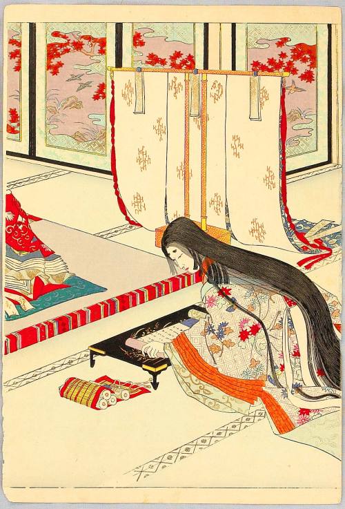 taishou-kun:Adachi Ginkou 安達吟光Lady Murasaki Shikibu 紫式部 in Heian court - 3 folding screens - 1890