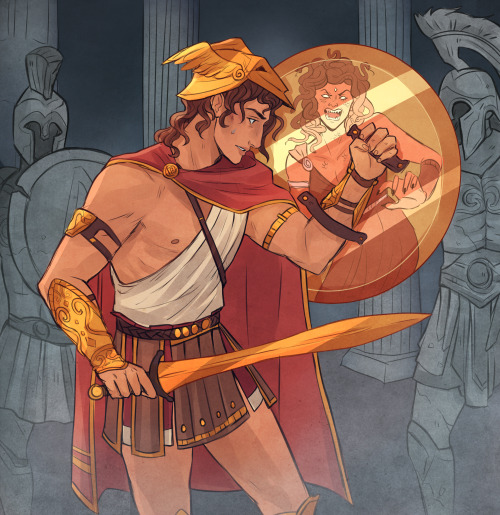 With Athena’s shield, polished like a mirror, Perseus approached the gorgon Medusa, avoiding h
