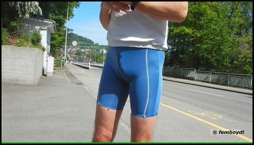 Porn photo femboydl:  pee break in shiny spandex shorts