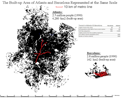 urbangeographies:Built-up areas of Atlanta and Barcelona at the same scaleUrban densities are not tr