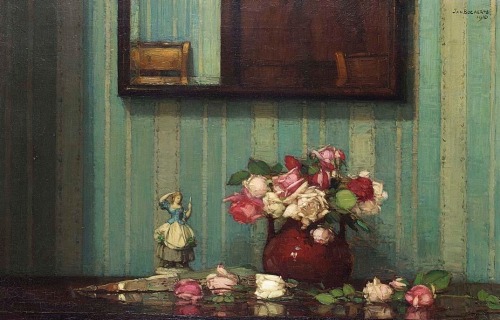 A still Life with roses.1910. Oil on Canvas. 41 x 60 cm. Art by Jan Bogaerts.(1878-1962).