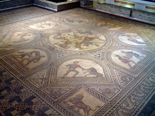 romegreeceart:Gladiator mosaic floor, 3rd century AD, Römerhalle, Bad Kreuznach, Germany by car