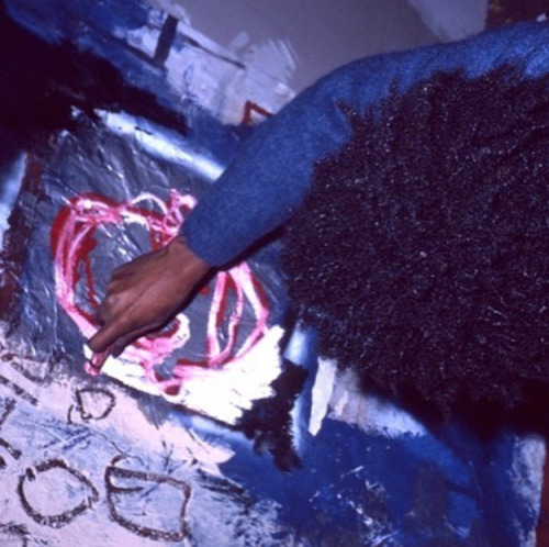 twixnmix:Jean-Michel Basquiat painting untitled (Fallen Angel) in the basement of Annina Nosei’s gal