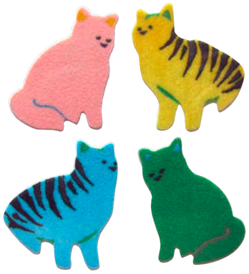 Four stickers featuring colourful sitting kittens.  Made in the 80s by Great Seven.