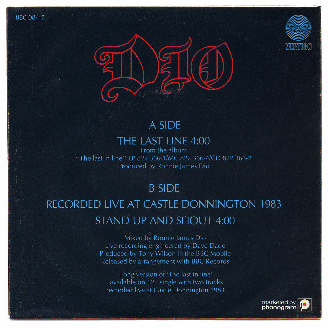 80srecordparty:  The Last In Line b/w Stand Up And Shout (Live)Dio, Vertigo Records/Netherlands