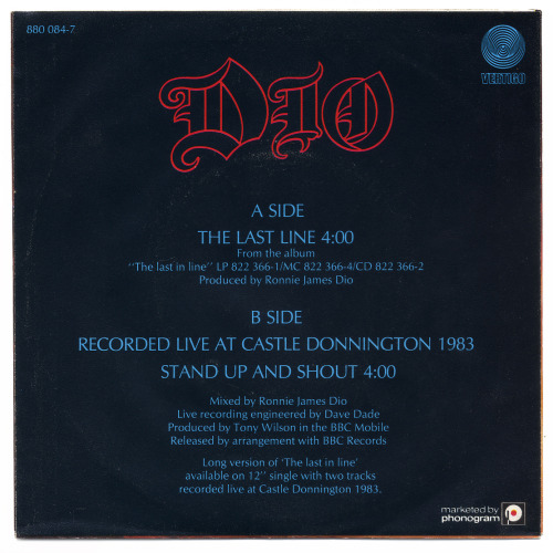 80srecordparty:  The Last In Line b/w Stand Up And Shout (Live)Dio, Vertigo Records/Netherlands (1984) 