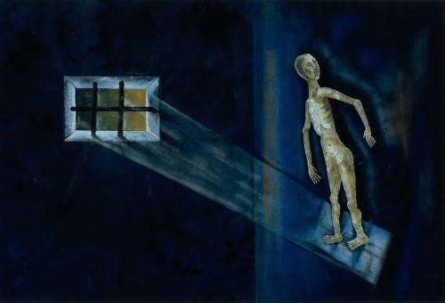 Joan Ponç (1927-1984) — The Prison  (gouache, pastel and ink on paper, 1950)