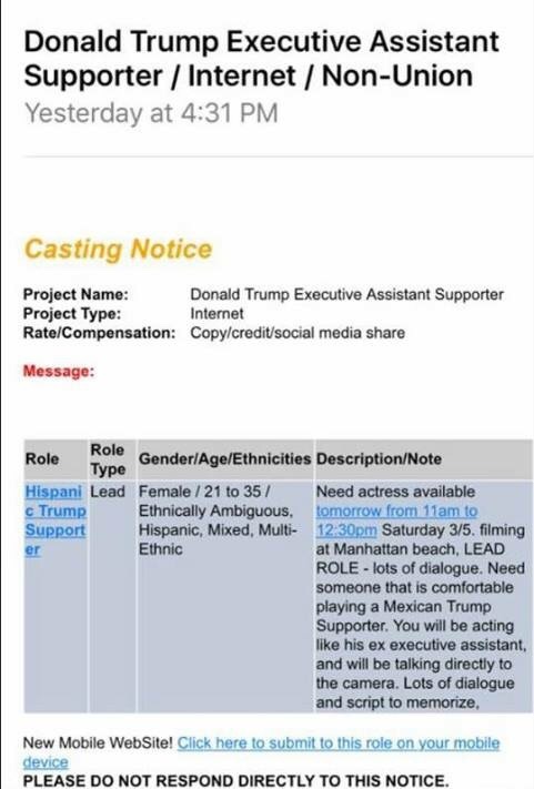 cutiequeercris:  katanafatale:  A friend of mine is an actor and received this open call from Trump’