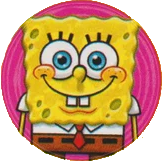 pink sticker of spongebob. he is looking directly at the viewer.
