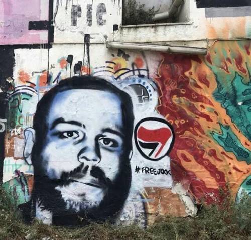 Mural in Exarchia, Greece, calling for the freedom of Jock Palfreeman, an Australian antifascist who