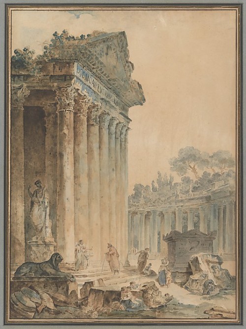 hismarmorealcalm:  Hubert Robert  (1733–1808) Ruins with a Statue of an Emperor  Pen and black ink and watercolor drawing