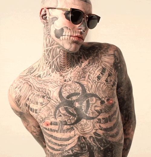 glamboyl:Rick Genest in sunglasses requested by Jaxx filmed by Thierry Mugler.
