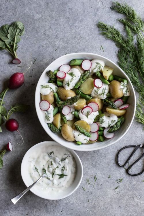 Spring potato salad with lemon roasted garlic mayo dressing