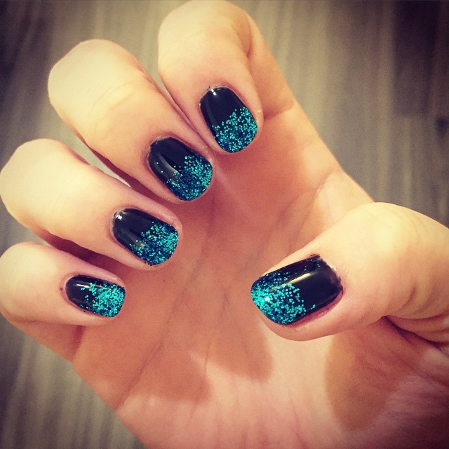 Katie Morrison — Black nails with turquoise glitter tips...