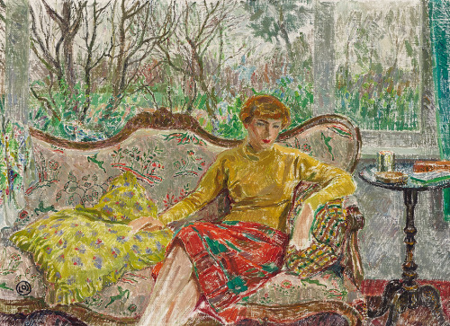 Madame de Smet Sitting on a Sofa - Leon de Smet