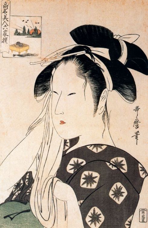 Woman playing a poppin, Kitagawa Utamaro