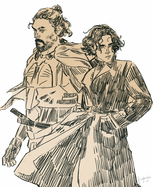 it’s Them hours once again #pauls coat DOES in fact have a gay little cinch in the movie he just doesnt do it up 😔 #dune 2021#paul atreides#duncan idaho#my art #Ive known nothing but peace since I stopped trying to clean up my sketches 🙃