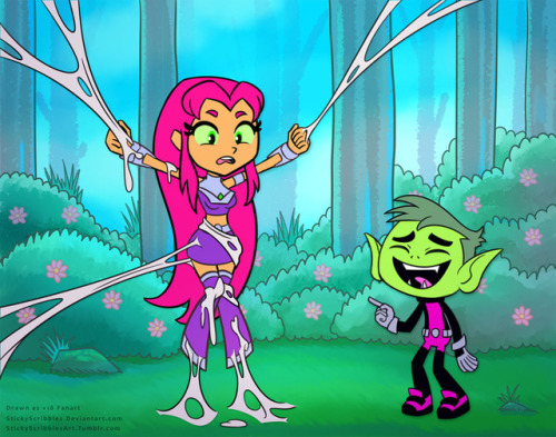  Star Fire Caught in a Web  “This web, it is sticky,” moaned Star Fire as she tried to struggled free.“That’s not the only thing that’s going to get sticky,“ chuckled Beast Boy.//Like what you see?  Support us for more on going art content,