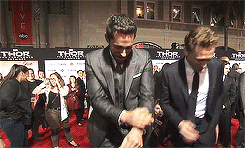 tomhazeldine:  Zachary Levi and Tom Hiddleston having a dance off on the red carpet
