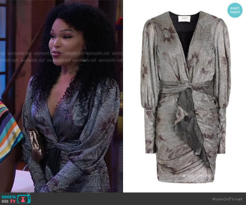 Portia’s gray floral metallic mini dress on General Hospital Lizie twist-front metallic floral