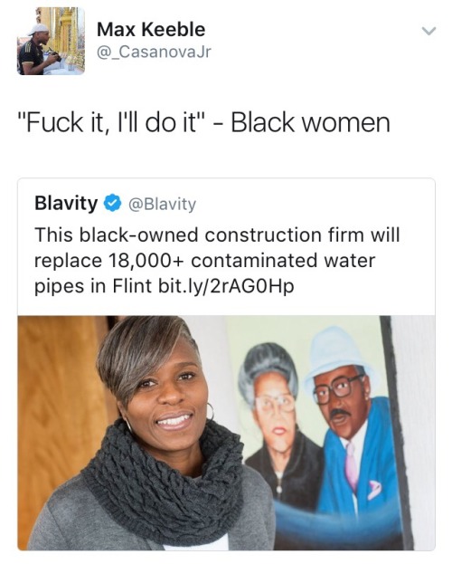 pinkcheesegreenghost: meenie-me-thrice:  Her name is Rhonda Grayer http://blog.blackbusiness.org/2017/05/wt-stevens-construction-black-owned-construction-business-awarded-contract-flint-water-crisis.html?m=1#.WSCP08tlDqA  She’s married to Jeff Grayer