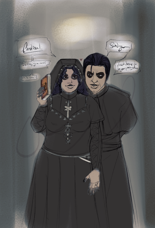 An illustration of Sibling Nephtys and Cardinal Terzo in the library. Nephtys is holding up a book titled 'علم الجن' in English, 'The Understanding of Djinn.' Cardinal Terzo is leaning over their shoulder wrly.
Their conversation goes as such -
Terzo: Sibling
Nephtys: Cardinal, something you need?
Terzo: Just here to see your pretty face.
Nephtys: Oh, I'm sure.