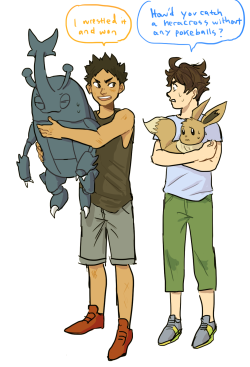 shounenkings:  full sizes 1 | 2 alright, more pokemon au ft. iwa &amp; oikawa. let’s talk pokemon teams. iwaizumi has heracross (his first pkmn), lucario, dragonite, tyranitar, gyarados, &amp; staraptor. the average ATK of that team is 125. buff team. 