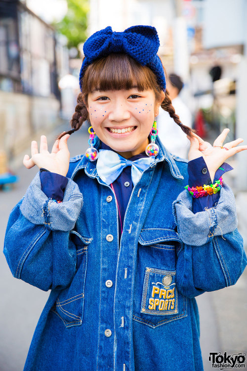 P-chan and Karin from the Tempura Kidz on the street in Harajuku wearing cloud print, denim, along w