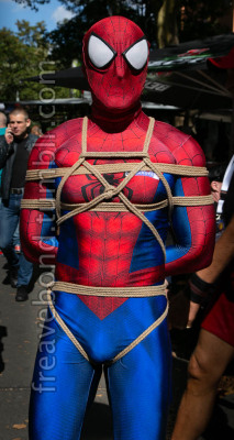 freavebond:  Helpless, roped Spiderman… I really should have locked in a big fat ball gag underneath the hood.  @blogaddictedtoropes 