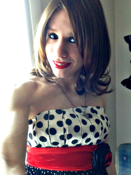fuckyeahcutetranschicks:  Obligatory 3 month HRT selfie. :] [An upper body shot of a girl in a polka dotted strapless dress with a red flower belt. She has shoulder length wavy brown hair] 