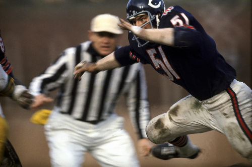 Chicago Bears linebacker Dick Butkus hurdles to make a play against the Green Bay Packers on Dec. 14