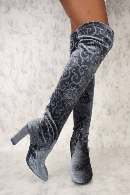 Embroidered Paisley Thigh High Boots from Ami Clubwear