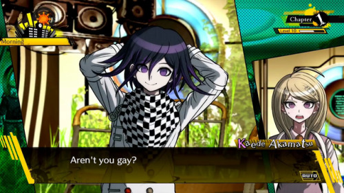 fakedrv3screenshots:Kokichi: I love spring semester. Kokichi: So many high school girls visiting tha