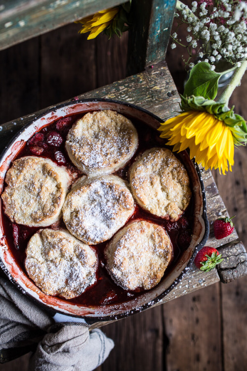 sweetoothgirl:  Skillet Strawberry Cobbler with Cream Cheese Swirled Biscuits