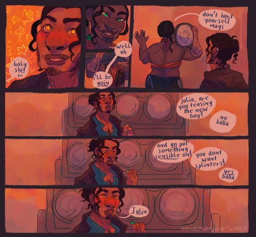 anonbeadraws:me? do a comic about Magnus and Julia meeting for the first time just to draw Julia bei