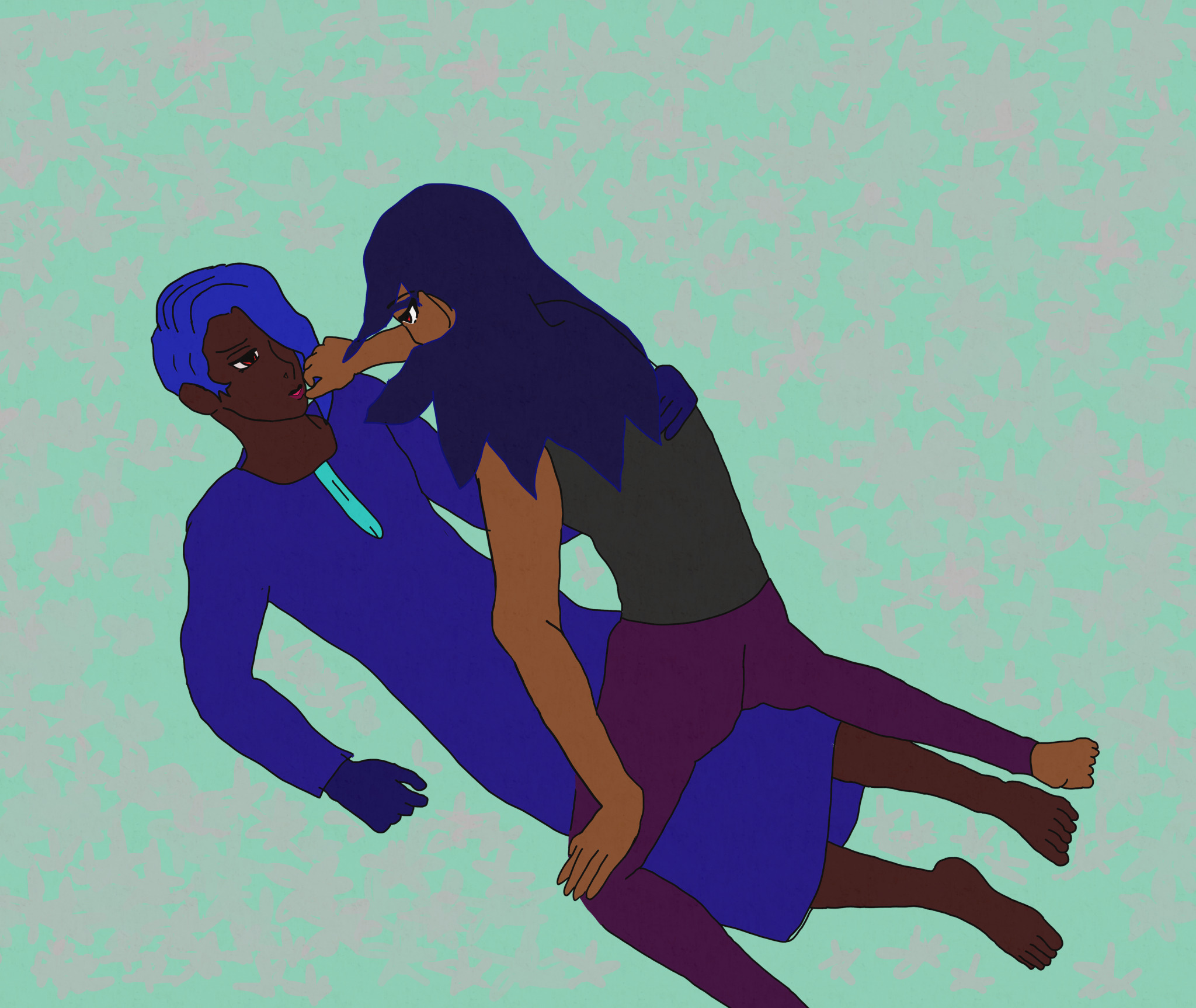 ranvir and armando atop a bed of implied pink flowers, with ranvir with red eyes and dark pink lipstick wearing a dark blue panjabi with an aqua decoration downward on his chest, dark blue gloves, and no shoes. armando has dark falling hair everywhere and is wearing a dark sleeveless shirt and violet leggings. armando is pushing ranvir's blue hair away while sitting atop of him with a mysterious and hidden expression. ranvir is smiling softly up at him and holding his back.