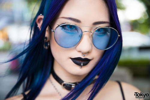 tokyo-fashion:  Blue-haired Karen on the street in Harajuku wearing a crop top, Noise and Kisses skirt, Demonia platform sandals, a Glad News winged backpack, and accessories from Never Mind The XU, Restyle, Bubbles, Vongola, and Vivienne Westwood. She