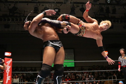 Okada with his Jim Ross Slobber Knocker dropkick.