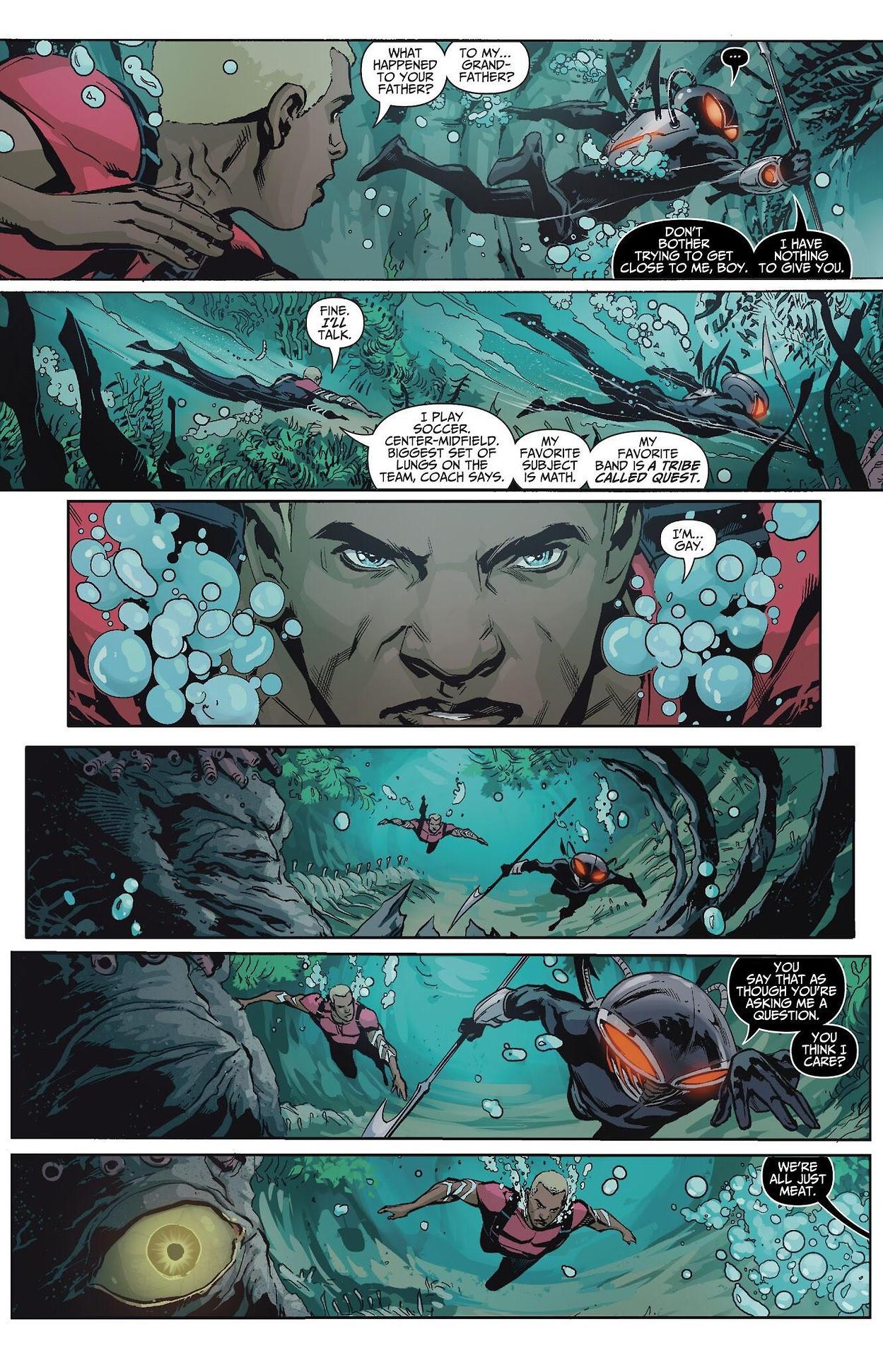 funnypages:  Black Manta may be a child murdering psycho, but he’s not a homophobe. Teen