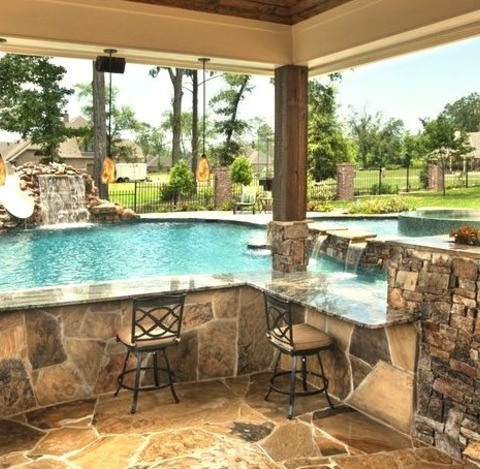 Tropical PoolLarge Island Style Backyard Concrete And Custom-shaped Natural Hot Tub Photo