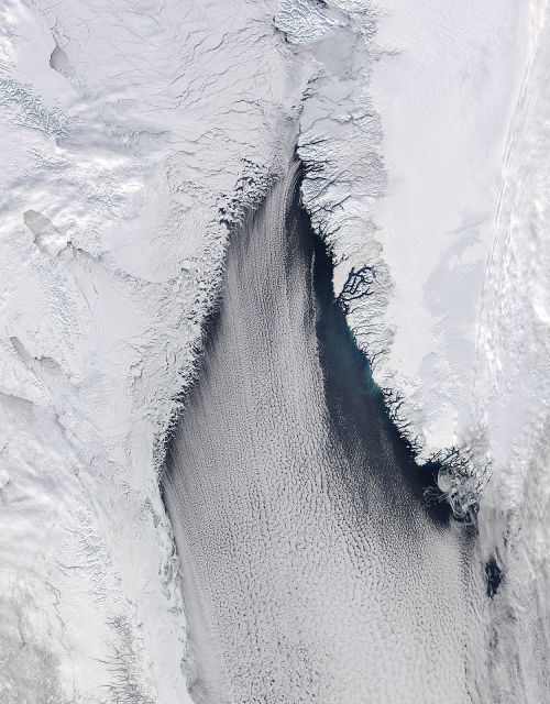 Cloud streets and ice in the Davis straight.This image was taken by NASA&rsquo;s AQUA satellite in 2