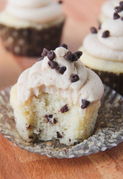 verticalfood:  chocolate chip cupcakes with cookie dough buttercream  I want this, in my face, asap