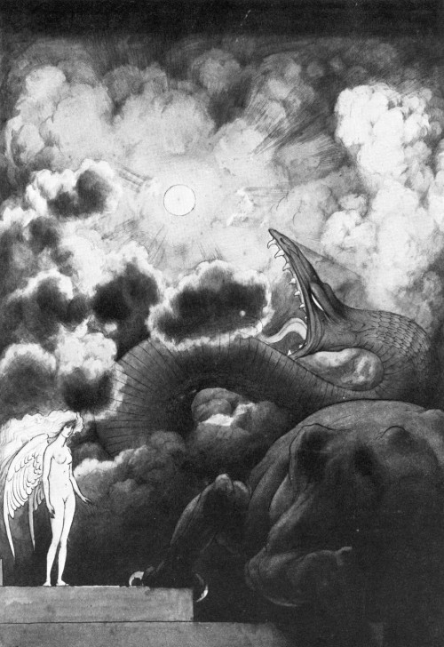 the-evil-clergyman:  Illustration from A Legend of The Dawn for Lord Dunsany’s Time and the Gods by Sidney Sime (1906)